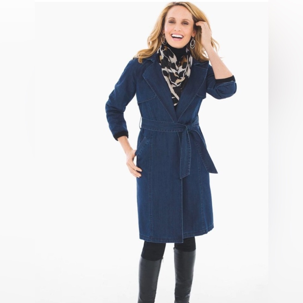 CHICO'S Drama Denim Blue Trench Coat Belted Jacket Indigo Rain Overcoat 2 Petite